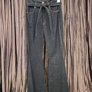 NWT. Veronica Beard Dark Blue High-Rise Tie-Waist Wide-Leg Jeans